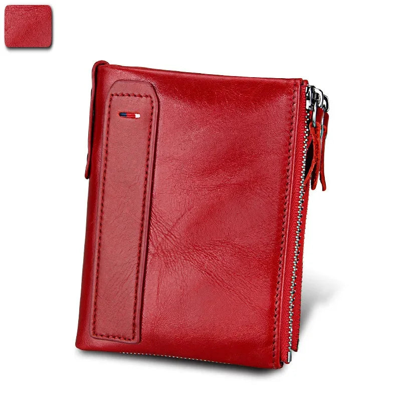 Hot Sale Crazy Horse Cowhide RFID Anti-theft Genuine Leather Short Men's Wallet Double Zipper Coin Purse