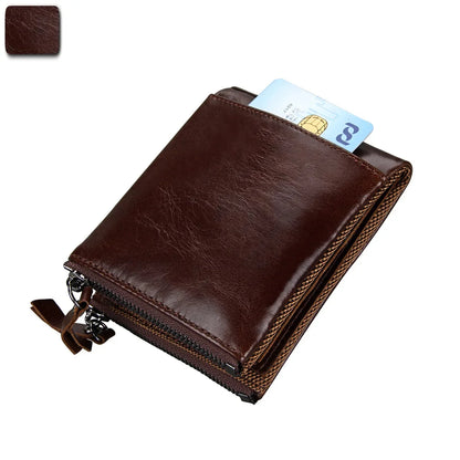 Hot Sale Crazy Horse Cowhide RFID Anti-theft Genuine Leather Short Men's Wallet Double Zipper Coin Purse