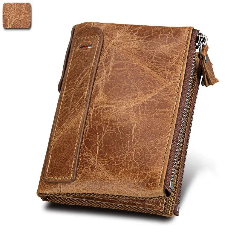 Hot Sale Crazy Horse Cowhide RFID Anti-theft Genuine Leather Short Men's Wallet Double Zipper Coin Purse