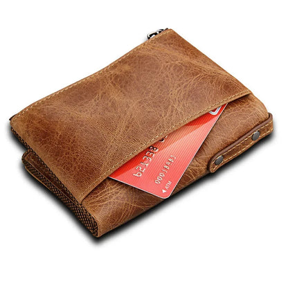 Hot Sale Crazy Horse Cowhide RFID Anti-theft Genuine Leather Short Men's Wallet Double Zipper Coin Purse