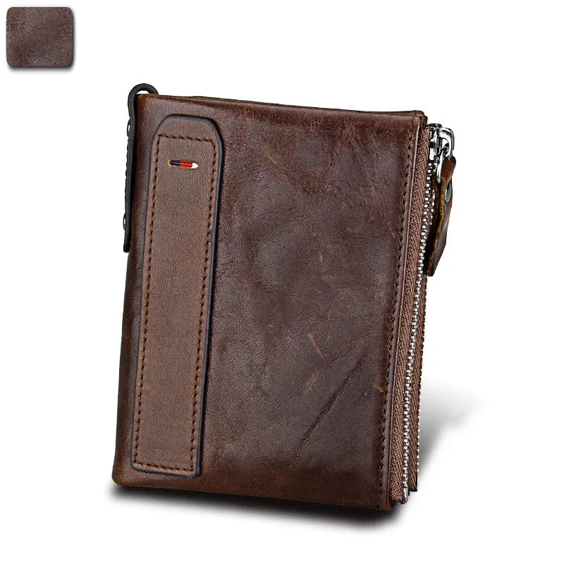 Hot Sale Crazy Horse Cowhide RFID Anti-theft Genuine Leather Short Men's Wallet Double Zipper Coin Purse