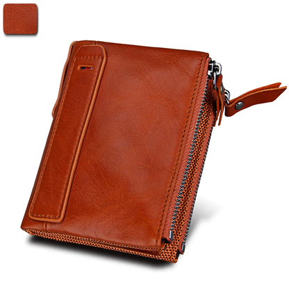 Hot Sale Crazy Horse Cowhide RFID Anti-theft Genuine Leather Short Men's Wallet Double Zipper Coin Purse
