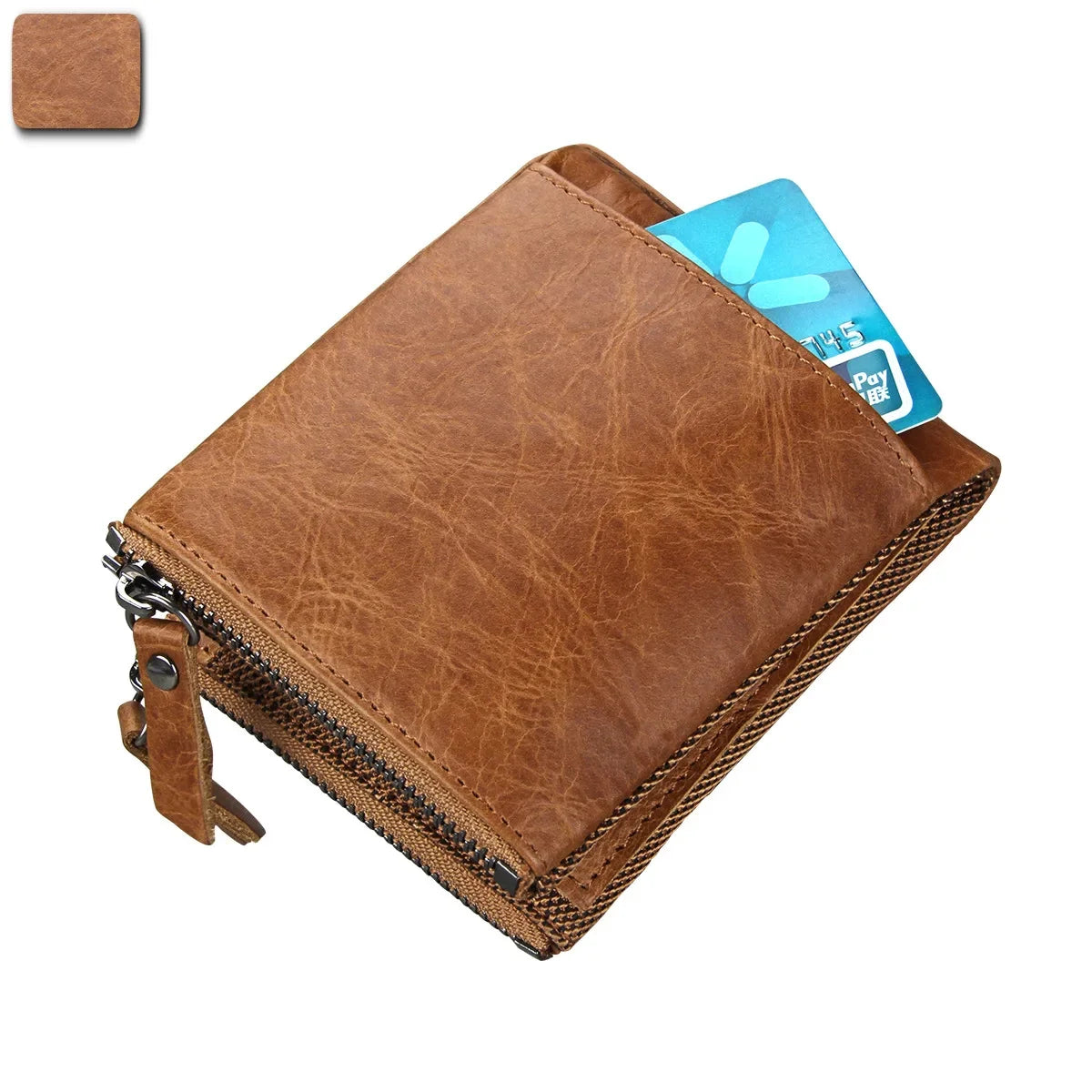 Hot Sale Crazy Horse Cowhide RFID Anti-theft Genuine Leather Short Men's Wallet Double Zipper Coin Purse
