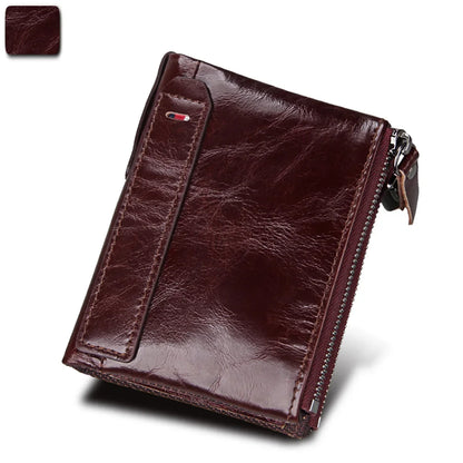 Hot Sale Crazy Horse Cowhide RFID Anti-theft Genuine Leather Short Men's Wallet Double Zipper Coin Purse