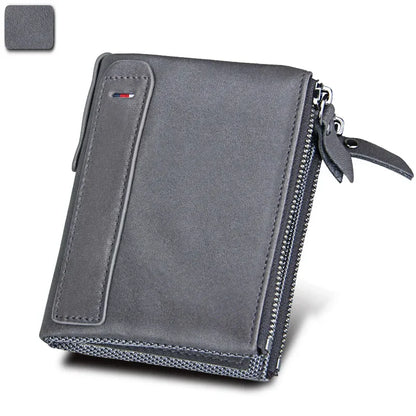 Hot Sale Crazy Horse Cowhide RFID Anti-theft Genuine Leather Short Men's Wallet Double Zipper Coin Purse