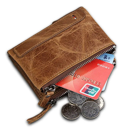 Hot Sale Crazy Horse Cowhide RFID Anti-theft Genuine Leather Short Men's Wallet Double Zipper Coin Purse