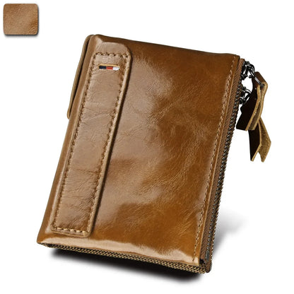 Hot Sale Crazy Horse Cowhide RFID Anti-theft Genuine Leather Short Men's Wallet Double Zipper Coin Purse