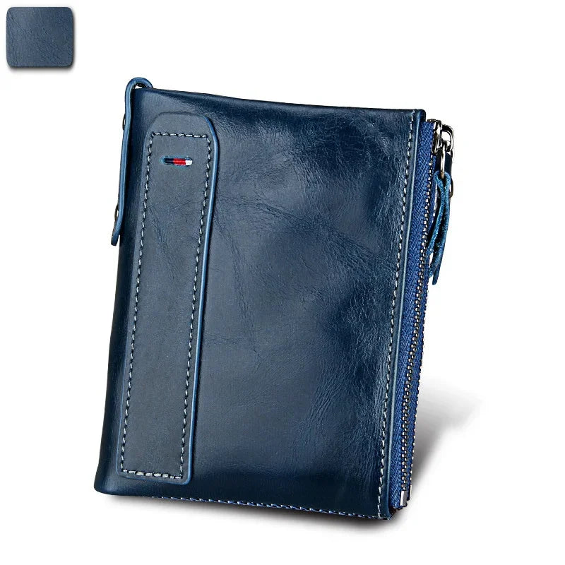 Hot Sale Crazy Horse Cowhide RFID Anti-theft Genuine Leather Short Men's Wallet Double Zipper Coin Purse