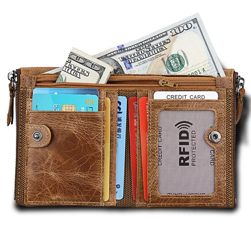 Hot Sale Crazy Horse Cowhide RFID Anti-theft Genuine Leather Short Men's Wallet Double Zipper Coin Purse