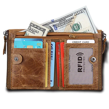 Hot Sale Crazy Horse Cowhide RFID Anti-theft Genuine Leather Short Men's Wallet Double Zipper Coin Purse