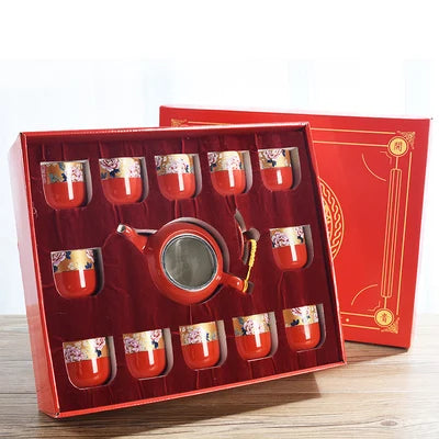 Household Ceramics Chinese Traditional Red Wedding Tea Pot Set Porcelain Kung Fu Teapot Cups Souvenir Gifts For Bride and Groom