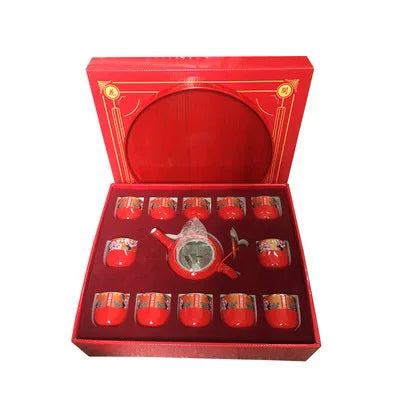 Household Ceramics Chinese Traditional Red Wedding Tea Pot Set Porcelain Kung Fu Teapot Cups Souvenir Gifts For Bride and Groom
