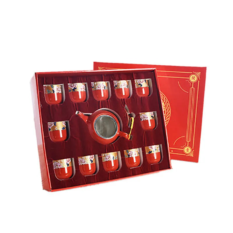 Household Ceramics Chinese Traditional Red Wedding Tea Pot Set Porcelain Kung Fu Teapot Cups Souvenir Gifts For Bride and Groom