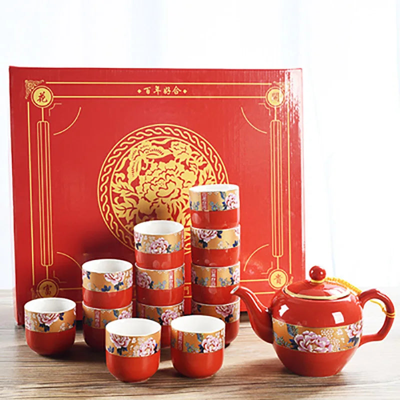 Household Ceramics Chinese Traditional Red Wedding Tea Pot Set Porcelain Kung Fu Teapot Cups Souvenir Gifts For Bride and Groom