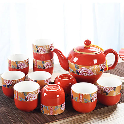 Household Ceramics Chinese Traditional Red Wedding Tea Pot Set Porcelain Kung Fu Teapot Cups Souvenir Gifts For Bride and Groom