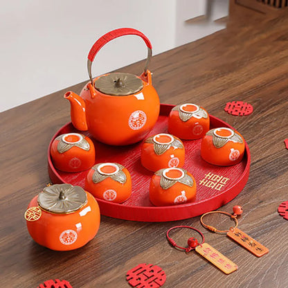 Household Ceramics Red Wedding Double Happiness Tea Pot Set Teacup Porcelain Kettle Persimmon Canister tea Storage Container