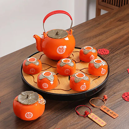 Household Ceramics Red Wedding Double Happiness Tea Pot Set Teacup Porcelain Kettle Persimmon Canister tea Storage Container