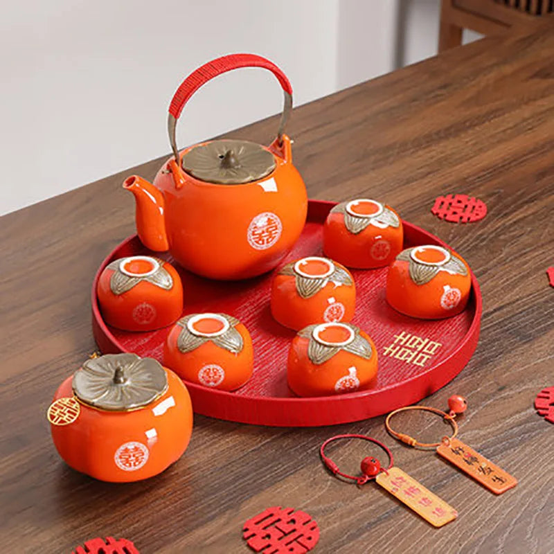 Household Ceramics Red Wedding Double Happiness Tea Pot Set Teacup Porcelain Kettle Persimmon Canister tea Storage Container