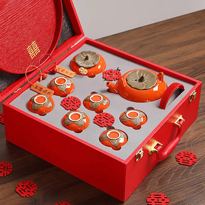 Household Ceramics Red Wedding Double Happiness Tea Pot Set Teacup Porcelain Kettle Persimmon Canister tea Storage Container