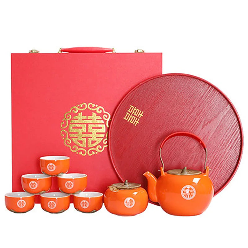 Household Ceramics Red Wedding Double Happiness Tea Pot Set Teacup Porcelain Kettle Persimmon Canister tea Storage Container