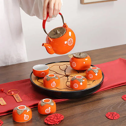 Household Ceramics Red Wedding Double Happiness Tea Pot Set Teacup Porcelain Kettle Persimmon Canister tea Storage Container
