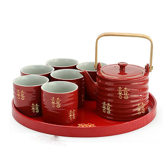 Household Ceramics Tea Pot Set Teacup Teapot Customized Chinese Red Wedding Supplies Bride Gift Dowry Marriage Celebration