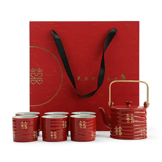 Household Ceramics Tea Pot Set Teacup Teapot Customized Chinese Red Wedding Supplies Bride Gift Dowry Marriage Celebration