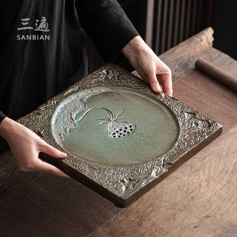 Household Creative Tea Table Japanese Simple Ceramic Tea Tray Lotus Kung Fu Tea Set Tray Stoneware Water Storage Mini Set