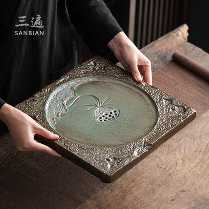 Household Creative Tea Table Japanese Simple Ceramic Tea Tray Lotus Kung Fu Tea Set Tray Stoneware Water Storage Mini Set