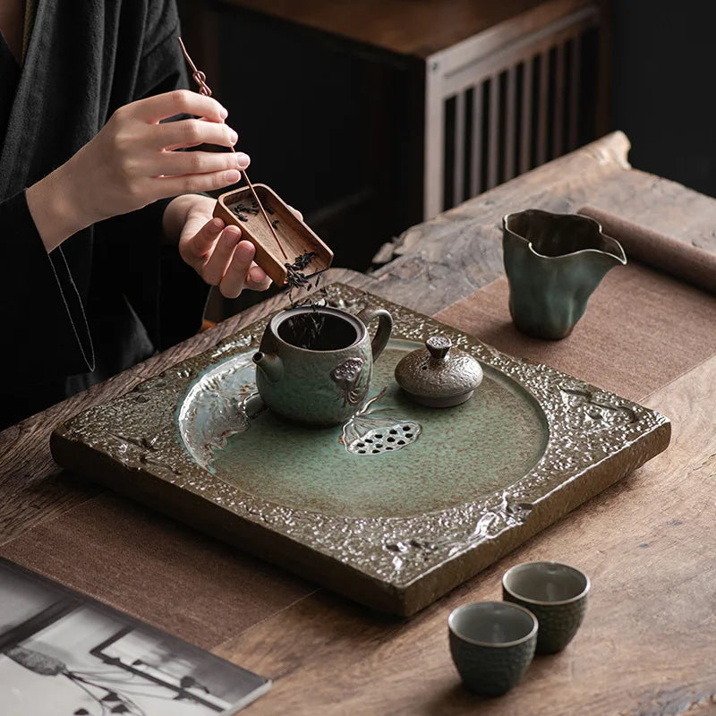 Household Creative Tea Table Japanese Simple Ceramic Tea Tray Lotus Kung Fu Tea Set Tray Stoneware Water Storage Mini Set