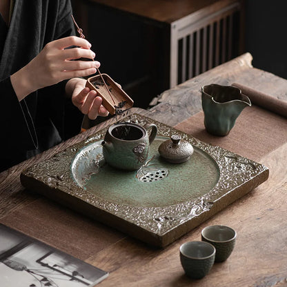 Household Creative Tea Table Japanese Simple Ceramic Tea Tray Lotus Kung Fu Tea Set Tray Stoneware Water Storage Mini Set