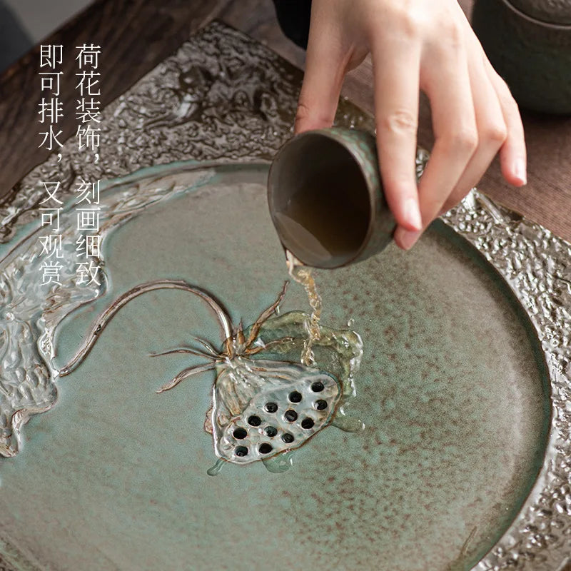Household Creative Tea Table Japanese Simple Ceramic Tea Tray Lotus Kung Fu Tea Set Tray Stoneware Water Storage Mini Set