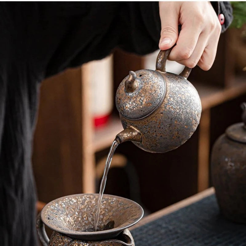 Household Kung Fu Tea Set Teapot Gilt Tea Maker Japanese Stoneware Teapot Single Pot Handmade Retro Ceramic Round Jug Teaware