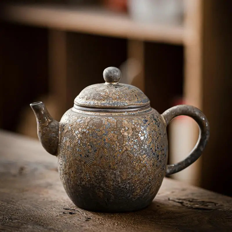 Household Kung Fu Tea Set Teapot Gilt Tea Maker Japanese Stoneware Teapot Single Pot Handmade Retro Ceramic Round Jug Teaware