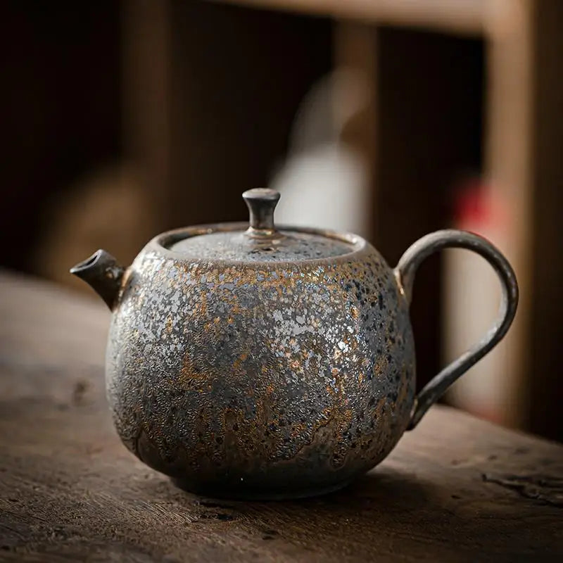 Household Kung Fu Tea Set Teapot Gilt Tea Maker Japanese Stoneware Teapot Single Pot Handmade Retro Ceramic Round Jug Teaware