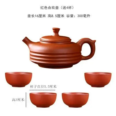Household Kungfu Tea Set, Large Capacity Purple Sand Teapot with 4Cups, Yixing Filter, Zhu Clay Teapot, Black and Red
