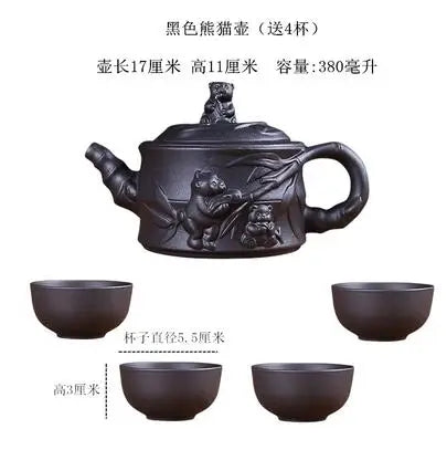 Household Kungfu Tea Set, Large Capacity Purple Sand Teapot with 4Cups, Yixing Filter, Zhu Clay Teapot, Black and Red