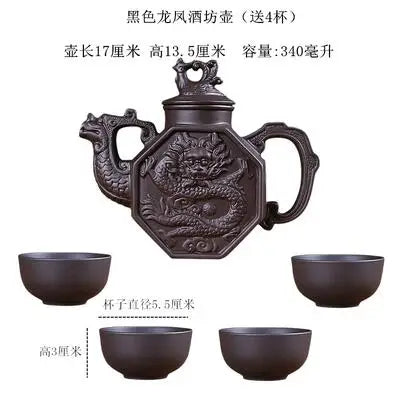 Household Kungfu Tea Set, Large Capacity Purple Sand Teapot with 4Cups, Yixing Filter, Zhu Clay Teapot, Black and Red
