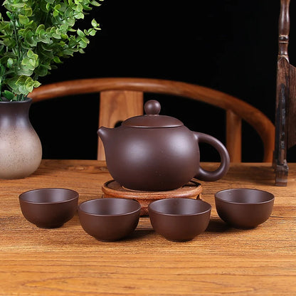 Household Kungfu Tea Set, Large Capacity Purple Sand Teapot with 4Cups, Yixing Filter, Zhu Clay Teapot, Black and Red