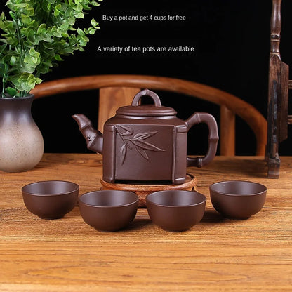 Household Kungfu Tea Set, Large Capacity Purple Sand Teapot with 4Cups, Yixing Filter, Zhu Clay Teapot, Black and Red
