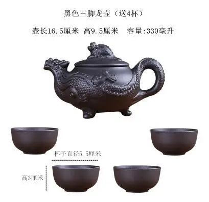 Household Kungfu Tea Set, Large Capacity Purple Sand Teapot with 4Cups, Yixing Filter, Zhu Clay Teapot, Black and Red