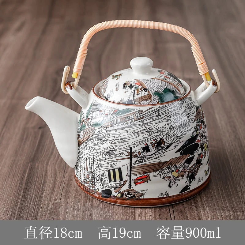 Household Porcelain Teapot, Large Capacity, Cool Water Pot, Large Blue and White Porcelain Retro, Loop Handle Beam Pot