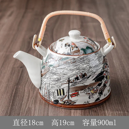 Household Porcelain Teapot, Large Capacity, Cool Water Pot, Large Blue and White Porcelain Retro, Loop Handle Beam Pot