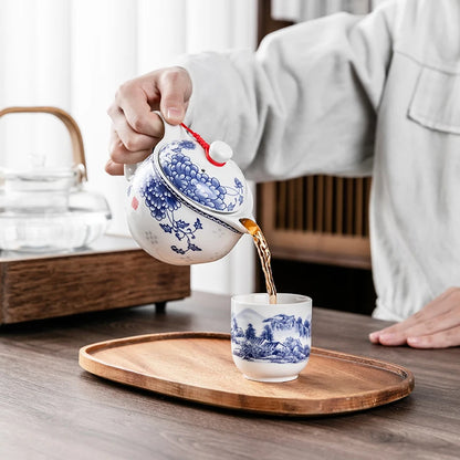Household Porcelain Teapot, Large Capacity, Cool Water Pot, Large Blue and White Porcelain Retro, Loop Handle Beam Pot