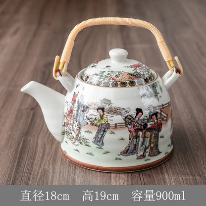 Household Porcelain Teapot, Large Capacity, Cool Water Pot, Large Blue and White Porcelain Retro, Loop Handle Beam Pot