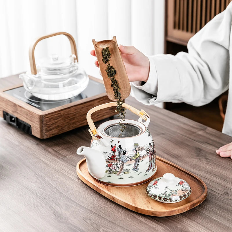 Household Porcelain Teapot, Large Capacity, Cool Water Pot, Large Blue and White Porcelain Retro, Loop Handle Beam Pot