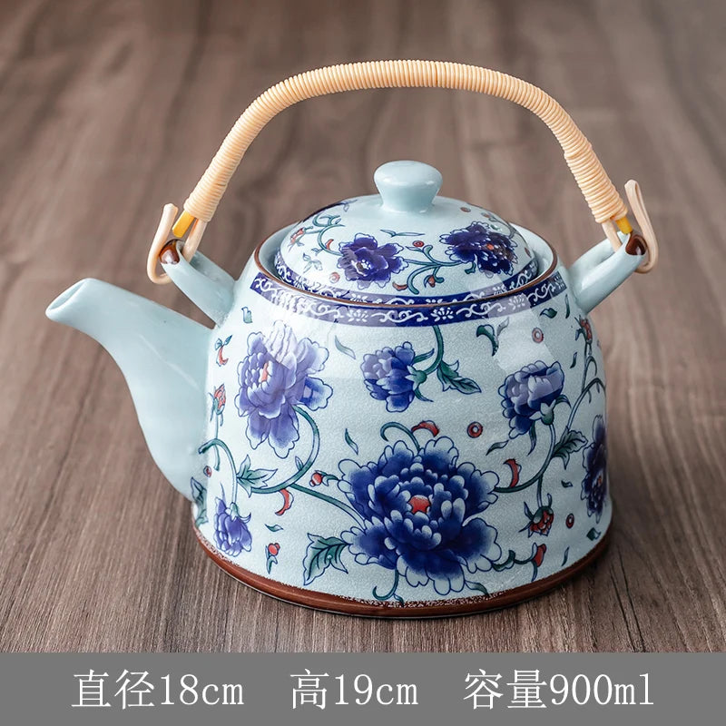 Household Porcelain Teapot, Large Capacity, Cool Water Pot, Large Blue and White Porcelain Retro, Loop Handle Beam Pot