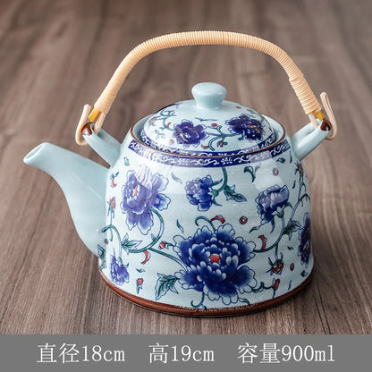 Household Porcelain Teapot, Large Capacity, Cool Water Pot, Large Blue and White Porcelain Retro, Loop Handle Beam Pot