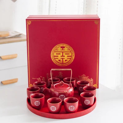Household Red Ceramics Teapot Teaware Double Happiness Tea Pot and Cup Set Customized Wedding Newlywed Souvenir Gift Supplies