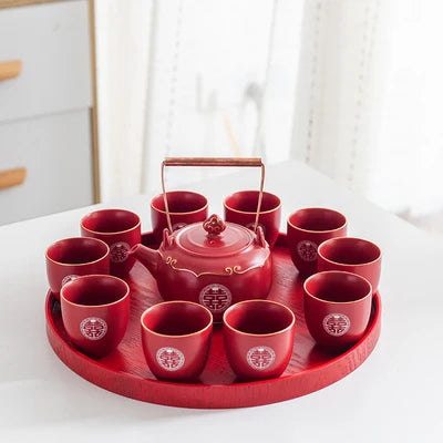 Household Red Ceramics Teapot Teaware Double Happiness Tea Pot and Cup Set Customized Wedding Newlywed Souvenir Gift Supplies